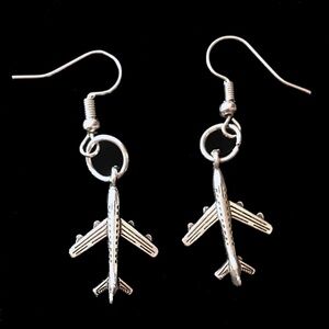HAND Crafted Drop Earrings Jet Airplanes Fly Me Away Silver Tone